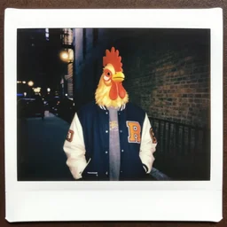 man wearing a rooster mask wearing a letterman jacket at an alley in new york city at night, souvenir photo, 1 9 9 8 polaroid, winter