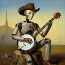country bumpkin robot, playing a deering banjo, sitting on a stump, high detail, style of salvador dali, painting by rene magritte, trending on artstation, cyberpunk, style of michael cheval, hyper realistic, s, 8 k