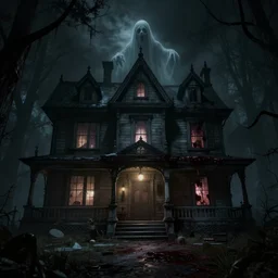 a highly detailed photographic render of a creepy old haunted house, dark scene, inside a haunted house, camera POV, horror scene, horror, bloody, ghost, creepy, cinematic lighting, cinematic scene, Volumetric lighting, Atmospheric scene, Dark, Horror, Atmospheric lighting, Global illumination cinematic render, film, beautifully lit, ray traced, octane 3D render, octane render, unreal engine