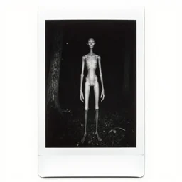 tall skinny humanoid creature in a dark forest at night, extremly detailed, black and white polaroid, 8 k, sharp focus