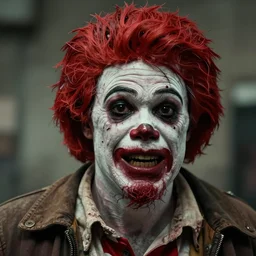 film still photo portrait of a crazed homeless beaten up ronald mcdonald with heavy wrinkles and a beard, realistic, hyperrealistic, 8 k resolution, hd quality, very detailed, highly detailed, intricate details, real life, real world, trending on artstation, digital art, really realistic, very realistic, headshot, head in frame, photograph, portrait