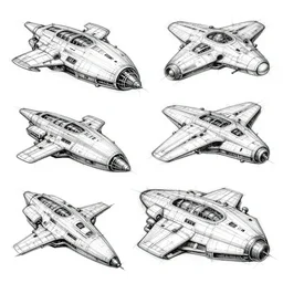 sketches of spaceship, full page, technical, detailed
