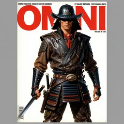 1979 OMNI Magazine Cover of a samurai western. in cyberpunk style by Vincent Di Fate