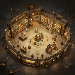 Steampunk grocery store overview mapa design, trending on Artstation, 8K, ultra wide angle, pincushion lens effect