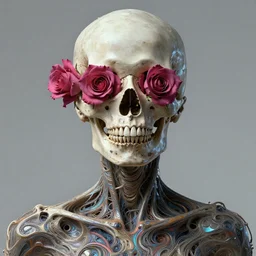 portrait of a female skull with roses instead of eyes. roses, intricate abstract upper body intricate artwork, by tooth wu, wlop, beeple, dan mumford. concept art, octane render, deviantart, greg rutkowski, cinematic arthouse, key art, hyper realism, iridescent accents