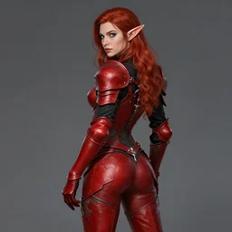 Female elf paladin, dnd, d&d, leggins, black shirt, red skintight leather armor, red hair, looking from behind, blue eyes, visible face, pretty face features, high fantasy, matte painting, by wlop