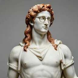 a statue of a handsome guy with chestnut hair long hair glasses as a greek god