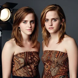 portrait of lindsey pelas and emma watson wearing batik tube top in jakarta, by charlotte grimm, studio light, detailed face, canon eos c 3 0 0, ƒ 1. 8, 3 5 mm, 8 k, medium - format print, half body shot
