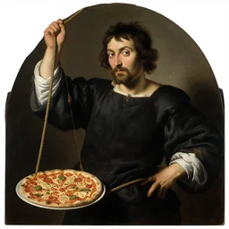 a painting of a man in a rope with a pizza. 1 7 th century painting