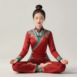 girl, asian, meditating in lotus position, red and teal suit, intricate, elegant, highly detailed, artstation, sharp focus, illustration, ruan jia, mandy jurgens, rutkowski, mucha