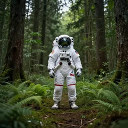 american astronaut in the forest, plants environment, wide angle, cinematic lighting, atmospheric, realistic, octane render, highly detailed, in the style of craig mullins