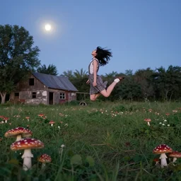 pretty girl, wide open field, jumping, flying hair, mushrooms, vegetation, trees, moonlight, old farm