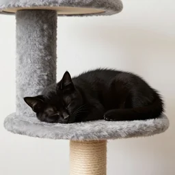 a black kitten sleeping on the bottom of a grey cat tower near a window on the top floor with blinds overlooking a suburban area