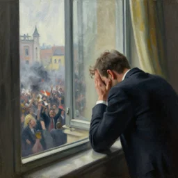 Depressed politician looks out of the window from his tower block and sees the crowds rioting | painting by Greg Rutkowski