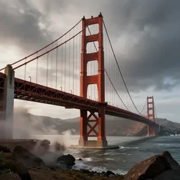 golden gate bridge in an apocalyptic setting, photorealistic, dynamic light, ultra detailed, cinematic