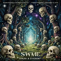 swarm of skulls, enchanted cosmic forest, stars in the sky, psychedelic, wide angle shot, vector art, optical illusion, heavenly, 4 k, fantasy poster by helen huang and frank frazetta and salvador dali