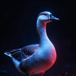 portrait of an ethereal greylag goose made of blue and red light, divine, cyberspace, mysterious, dark high-contrast concept art