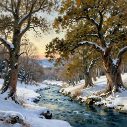 beautiful landscape with winter river and oak trees, mythology, fantasy, landscape background, vivid colors, digital painting, very detailed, realistic, high quality, by claude lorrain