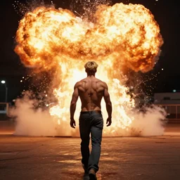blond dude with abs walking away from explosion