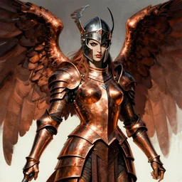 portrait of european female chaos angel, beautiful! coherent! by frank frazetta, by brom, strong line, deep color, copper armor, iron helm, high contrast, maximalist