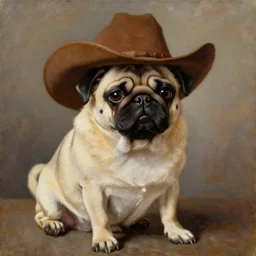 dog pug as cowboy portrait, heavy texture victorian oil painting