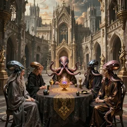 group of mages with human bodies and octopus heads sitting near the table with magical artifacts in an ancient mage castle with enormous scale, gothic and baroque, brutalist architecture, ultradetailed, Intricate by John Howe and Josan Gonzalez and James Jean and Giuseppe Arcimboldo