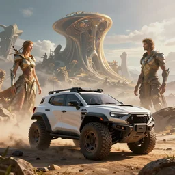 a futuristic offroad suv by artgerm and greg rutkowski and alphonse mucha, zaha hadid, an epic fantasy, volumetric light, detailed, trending on art station, octane render, horizon zero dawn
