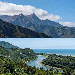 two completely different landscapes, professional photography, mountains, ocean, river, forest