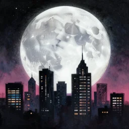 a city on the background of a big moon in a Spray paint style