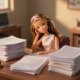 a barbie doll with an exhausted!!!! expression sits at a desk with several large stacks of paper on it. her head is resting on her hand. stock photo, golden hour, photorealistic,