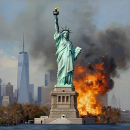 oil painting panorama of statue of liberty attacking burning new york