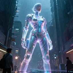 giant holographic female standing in the rainy streets, cyberpunk, blade runner, futuristic, intricate, sharp focus, lens flare, bloom, illustration, highly detailed, digital painting, concept art, matte, art by ruan jia and wlop and greg rutkowski, masterpiece