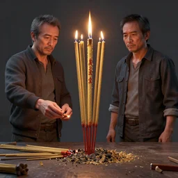 post design craig mullins and wenjun lin digital illustration of burning joss sticks ， unreal engine, hyper realism, realistic shading, cinematic composition, realistic render, octane render, detailed textures, photorealistic, wide shot