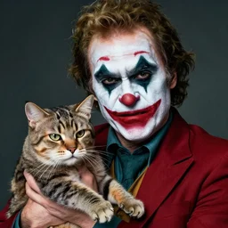 Mauricio Macri with an angry cat in his hand in Elaborate Joker Makeup and prosthetics designed by Rick Baker, Hyperreal, Head Shots Photographed in the Style of Annie Leibovitz, Studio Lighting