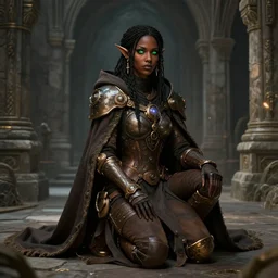 portrait of a steampunk geomancer in the stone palace, female, pretty, tech robes, cloak, dark skin, green eyes, elf, sitting on bent knees, high fantasy, by rossdraws