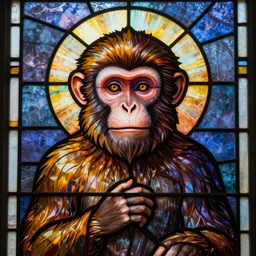 stained glass portrait of a holy monkey with a halo, cinematic photography, dramatic lighting