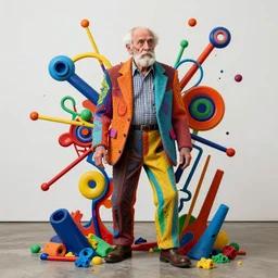 an old man, made of colored things, vivid dynamic composition, by john hoyland, surreal, overblown vibrant colors, masterpiece, physical based rendering, featured on pixiv, octane renderer, trending on pinterest