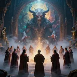 a group of priest in circle invoking an hyper realistic lovecraft creature portrait in a huge ritual portal, 4 k, fantasy art, glamorous composition, cinematography lighting, volumetric fog, vivid colors, magical realism, realistic