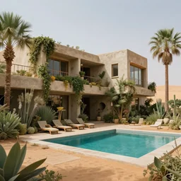 brutalism conceptual hotel in the desert, biophilia mood, pool, garden, highly detailed, cinematic, photorealistic,