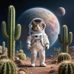 A cat in a space suit on a planet with a lot of cactuses, beautiful digital art, dramatic volumetric lighting, epic composition, high detail, 4K Ultra HD