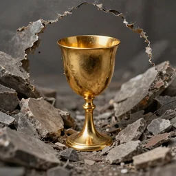 a golden chalice in a pile of rubble, pinhole photography, beautiful, soft lighting, artstation,