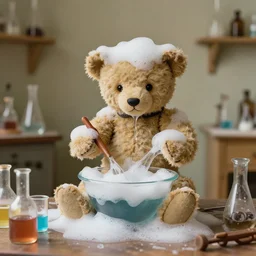 teddy bears mixing foamy chemicals like mad scientists in the 1 9 th century