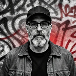 highly detailed portrait of 2 0 1 8 christian slater, cap, grey beard, glasses, grey jacket, by atey ghailan, by greg rutkowski, by greg tocchini, by james gilleard, by joe fenton, by kaethe butcher, gradient red, black and white color scheme, grunge aesthetic!!! ( ( graffiti tag wall background ) )