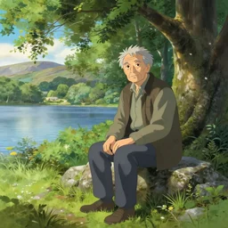 portrait of an old irish man sitting on a stone in a grove in ireland next to a lake, highly detailed, digital painting, concept art, sharp focus, by makoto shinkai