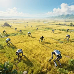 a vast futuristic landscape with mechanoids harvesting the fields in the style of thomas cole, raytracing, 8 k, octane render, volumetric, vivid, beautiful, hyperrealism