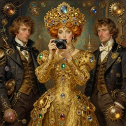 hyper realistic photographer taking a picture, magical, gems, jewels, gold, steampunk, cyberpunk, painted by tom bagshaw, mucha, gaston bussiere, craig mullins, j. c. leyendecker 8 k