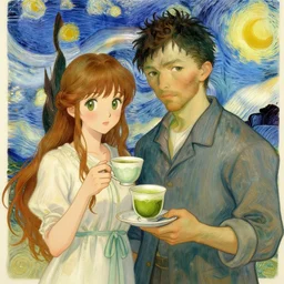 gorgeous rina and handsome cute beautiful young man in his 2 0 s with short dark hair holding a teacup with matcha by ayami kojima, van gogh, alphonse mucha, artstation, digital art
