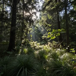 a clearing in a fall forest, godrays, low sun, extremely detailed, extremely complex, insanely intricate, grass, bushes, looking into the clearing from the forest