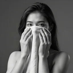 women with cloth over over her face, highly detailed, modern, digital art, black and white, unreal engine, photorealism