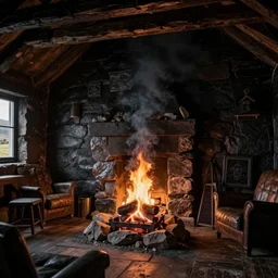 photorealistic interior rendering of a hebridean crofter's black house, scotland, fire in center, smoke, old ancient architecture, traditional, volumetric lighting, unreal engine render